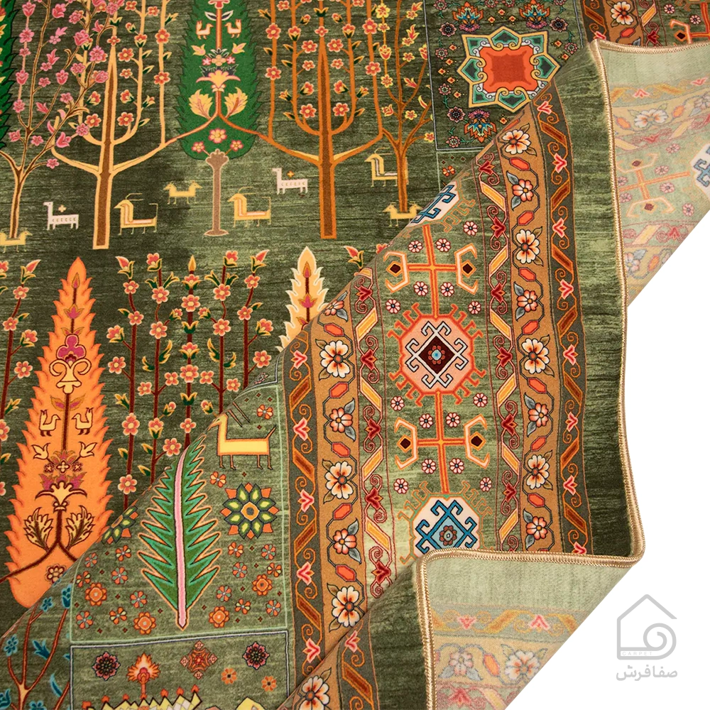 فرش ابریشم ماشینی T1049 سبز نارنجی