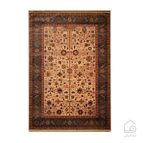 فرش ابریشم ماشینی Z1086 کرم حاشیه سرمه ای