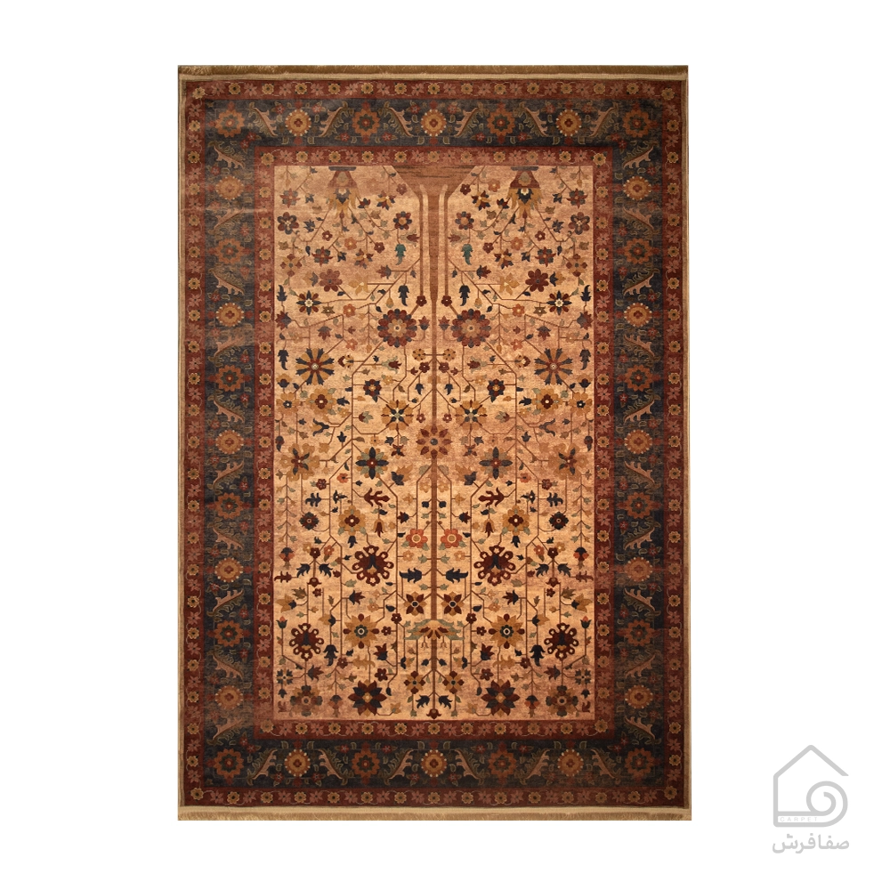 فرش ابریشم ماشینی Z1086 کرم حاشیه سرمه ای